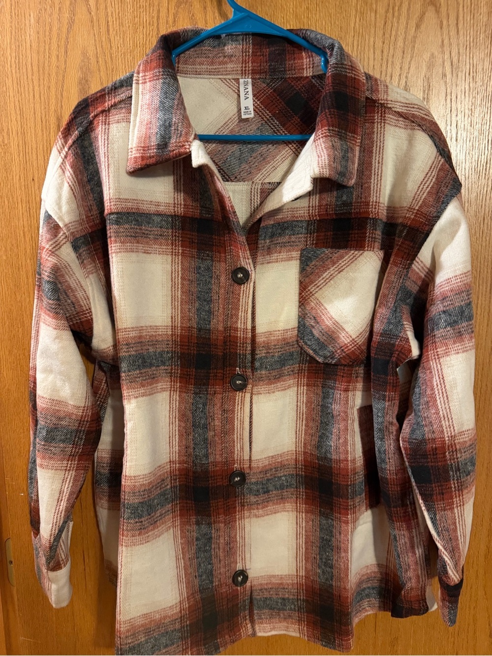Zenana Outfitters Cream, Rust & Charcoal Plaid Button-Down Shacket with pockets